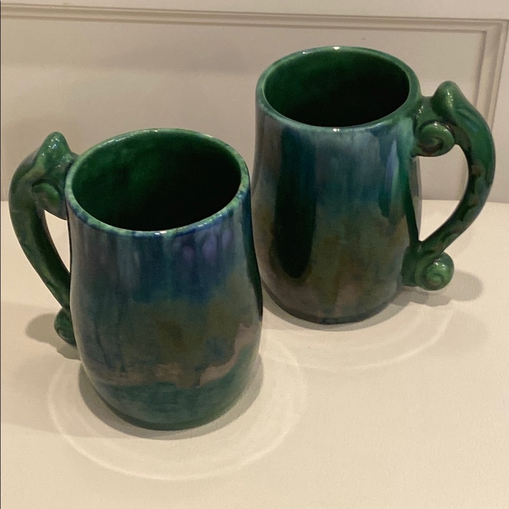 set of  2 Haeger Pottery Green Blue Drip Glaze Coffee Mugs